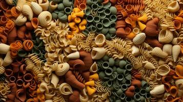 generatief ai, verscheidenheid van soorten, kleuren en vormen van Italiaans pasta, structuur achtergrond foto