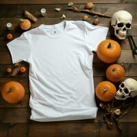 ai generatief foto van een blanco wit t-shirt aan het liegen in een slapen positie Aan een houten tafel met meerdere halloween ornamenten