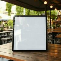 ai generatief hoog kwaliteit foto van groot tablet met blanco scherm Aan de tafel, perfect naar creëren mockup voorbeeld