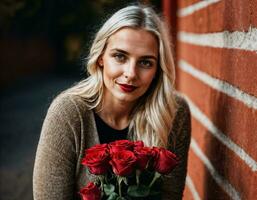 foto van mooi vrouw in blond haar- kleur met rood roos achtergrond, generatief ai