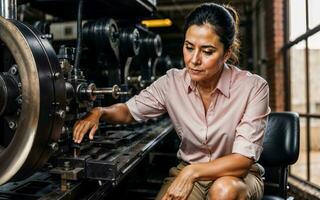 foto van werken ondernemer vrouw Bij fabriek met machine en arbeider, generatief ai