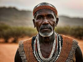 foto van Afrikaanse oud mensen tribal krijgers met schild, generatief ai