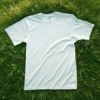 ai generatief hoog kwaliteit van blanco wit t-shirt Aan de groen gras, perfect voor mockup voorbeeld foto