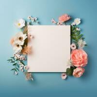 blanco papier kaart Aan omringen bloemen, bruiloft kaart mockup Aan pastel kleur achtergrond, ai generatief. foto