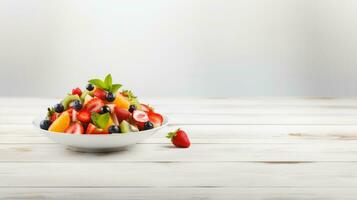 fruit salade met aardbei en bosbes zoet kers in bord Aan hout wit achtergrond, ai generatief. foto