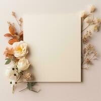blanco papier kaart Aan omringen bloemen, bruiloft kaart mockup Aan pastel kleur achtergrond, ai generatief. foto