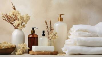 het baden producten in badkamer en spa shampoo met douche gel voor cosmetica, door ai generatief. foto