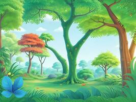 Woud oerwoud behang met bomen en kleurrijk gebladerte, met copyspace voor tekst. vector oerwoud voor kinderen. ai gegenereerd foto