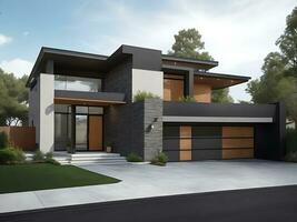 modern ontwerp de luxe huis met dubbele garage en natuurlijk steen versieringen, ai gegenereerd foto