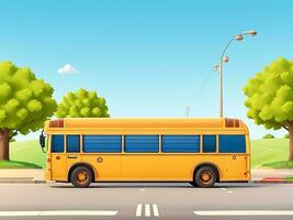 straat kant tafereel met school- bus Aan de weg tafereel vector illustratie, ai gegenereerd foto