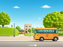 straat kant tafereel met school- bus Aan de weg tafereel vector illustratie, ai gegenereerd foto