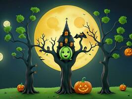 gelukkig halloween heks huis pompoen boom en maan met gelukkig gezicht Aan groen donker nacht achtergrond, katton illustratie, ai gegenereerd foto