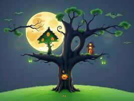 gelukkig halloween heks huis pompoen boom en maan met gelukkig gezicht Aan groen donker nacht achtergrond, katton illustratie, ai gegenereerd foto