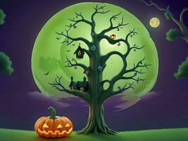 gelukkig halloween heks huis pompoen boom en maan met gelukkig gezicht Aan groen donker nacht achtergrond, katton illustratie, ai gegenereerd foto