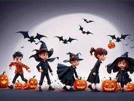 illustratie van halloween achtergrond met silhouetten van kinderen truc in halloween kostuum. ai gegenereerd foto