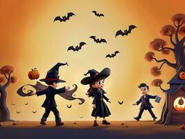 illustratie van halloween achtergrond met silhouetten van kinderen truc in halloween kostuum. ai gegenereerd foto