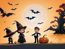 illustratie van halloween achtergrond met silhouetten van kinderen truc in halloween kostuum. ai gegenereerd foto