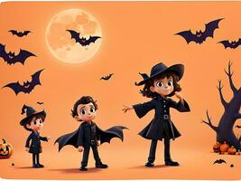 illustratie van halloween achtergrond met silhouetten van kinderen truc in halloween kostuum. ai gegenereerd foto