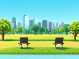 stad park met houten picknick tafels en banken, groen bomen, bloeiend gras en stad gebouwen Aan de horizon. ai gegenereerd foto