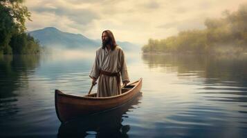 Jezus wandelen richting een kano in de meer foto