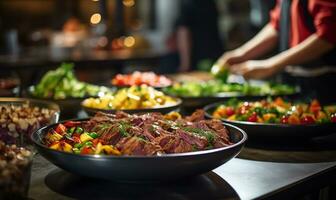 groep van mensen catering buffet voedsel binnenshuis in een restaurant. ai gegenereerd foto