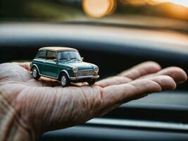 foto van dichtbij omhoog hand- Holding mini auto, generatief ai