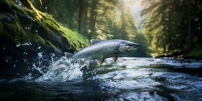 wild Chinook Zalm vis jumping uit van rivier- water in een Woud. ai gegenereerd foto