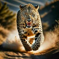 foto van groot luipaard rennen in de Woud, generatief ai