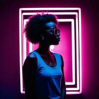 foto van mooi Afrikaanse vrouw met met gemengd roze en blauw neon licht, generatief ai