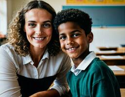 foto van gelukkig leraar en kinderen Bij school- kamer, generatief ai