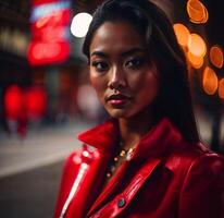 foto van vrouw in rood kleding Bij straat nacht met licht, generatief ai