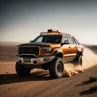 foto van vrachtauto in heet zand woestijn, generatief ai