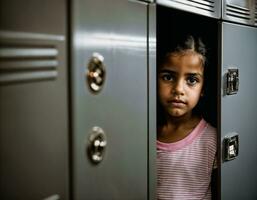 foto van eng meisje kind in kastje kamer, generatief ai