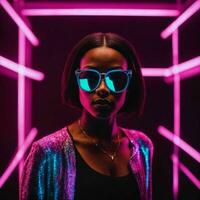 foto van mooi Afrikaanse vrouw met met gemengd roze en blauw neon licht, generatief ai