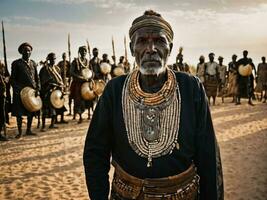 foto van Afrikaanse oud mensen tribal krijgers met schild, generatief ai