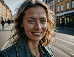 foto van mooi Europese vrouw wandelen in straat en gebouw retro stijl, generatief ai