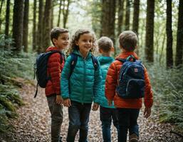 foto groep van kinderen net zo een backpacker in de donker hout, generatief ai