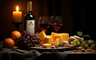 wijn, kazen en druiven in een wijnoogst opstelling. gemaakt met generatief ai foto