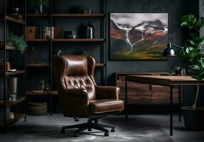 modern werkplaats met comfortabel stoel in elegant huis kantoor interieur. gemaakt met generatief ai foto