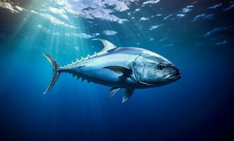 blauwvintonijn tonijn vis zwemmen in Doorzichtig oceaan water. ai gegenereerd foto