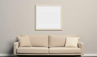 een kader mockup in een hedendaags minimalistische kamer met een beige kleur regeling. ai gegenereerd foto