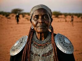 foto van Afrikaanse oud mensen tribal krijgers met schild, generatief ai