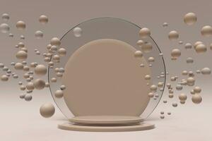 3d beige achtergrond met vliegend bubbels en leeg ronde podium. foto