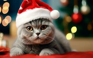 schattig kat in de kerstman claus hoed tegen wazig Kerstmis lichten en kopiëren ruimte. genereren ai foto