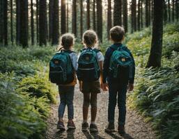 foto groep van kinderen net zo een backpacker in de donker hout, generatief ai