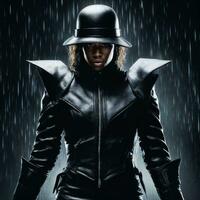 foto van sterk Afrikaanse vrouw met zwart leer pak in zwaar regen nacht, generatief ai