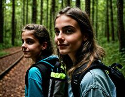 foto groep van tiener- net zo een backpacker in de donker hout, generatief ai