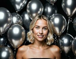 foto van mooi Europese vrouw met blond haar- kleur in zwart en wit ballonnen in achtergrond, generatief ai
