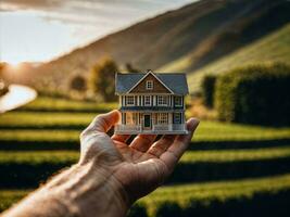 foto van dichtbij omhoog hand- Holding mini huis, generatief ai