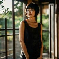foto van mooi Japans Aziatisch vrouw met kort haar, generatief ai